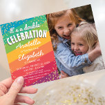 Colorful Joint Sibling Photo Birthday Party Invitation<br><div class="desc">Colorful joint birthday invitations featuring a bright rainbow colored background,  a scattering of party gold confetti,  a photo of your own,  and a modern dual party template that is easy to personalize.</div>