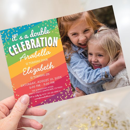 Colorful Joint Sibling Photo Birthday Party Invitation
