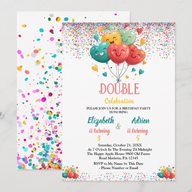 Colorful Joint Twin Birthday Party for kids Invitation (Front/Back)