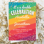 Colorful Joint Twin Birthday Party Invitation<br><div class="desc">Colorful joint birthday invitations featuring a bright rainbow colored background,  a scattering of party gold confetti,  and a modern twin party template that is easy to personalize.</div>