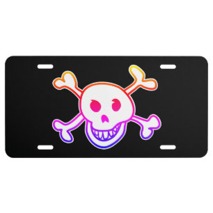Colorful Jolly Roger pirate skull and bones flag License Plate