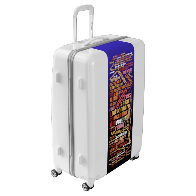 Colorful Journey in Many Languages Word Cloud Luggage (Rotated Left)