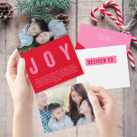 Colorful JOY Tear Away Photo Holiday Card<br><div class="desc">This colorful holiday photo card design features a bold pink and red color scheme with a distressed font for the "JOY" greeting and two horizontal photos. On the outside of the card is your return address and another personalized greeting. When the photo is torn away as a keepsake the recipient...</div>