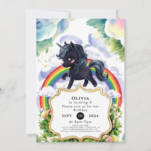 Colorful Joyful Black Unicorn Birthday Invitation (Front)