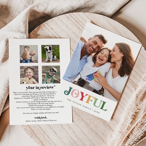 Colorful Joyful Christmas Year In Review Portrait Holiday Card