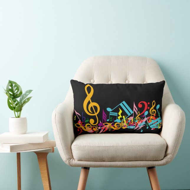 Colorful Jumbled Music Notes on Black Lumbar Pillow (Chair)