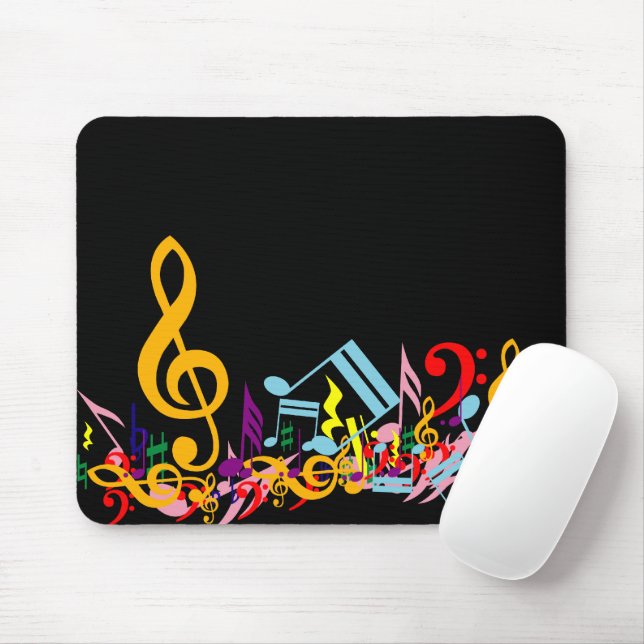 Colorful Jumbled Music Notes on Black Mouse Pad (With Mouse)