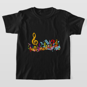 Colorful Jumbled Music Notes on Black T-Shirt