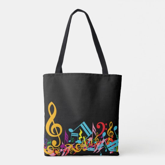 Colorful Jumbled Music Notes on Black Tote Bag