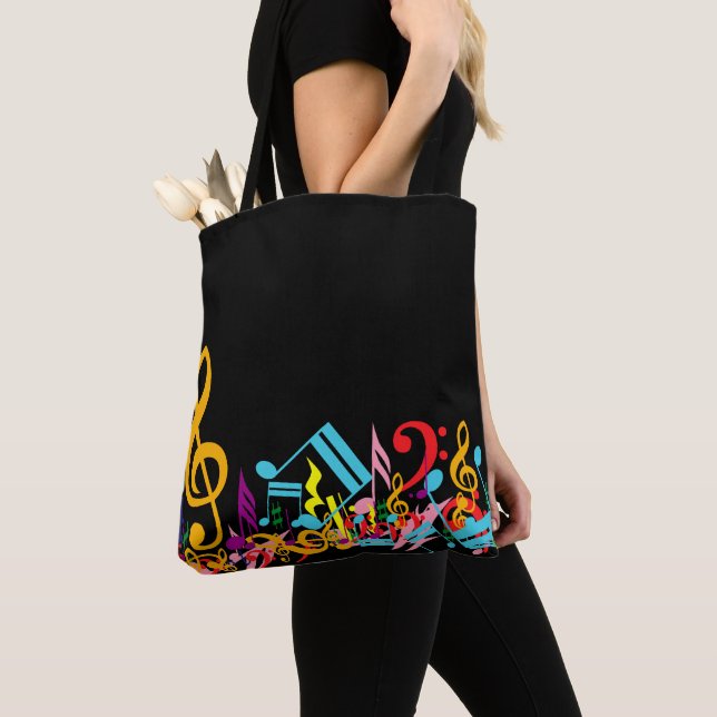 Colorful Jumbled Music Notes on Black Tote Bag (Close Up)