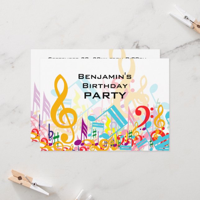 Colorful Jumbled Music Notes V2 Birthday Party Invitation (Front/Back In Situ)