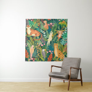 Colorful jungle and cute Cheetah l Greenery Tapestry