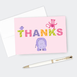 Colorful Jungle Animals for Baby Girl Pink Shower Thank You Card