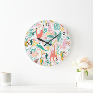 Colorful Jungle Animals Tropical Leaves Large Clock