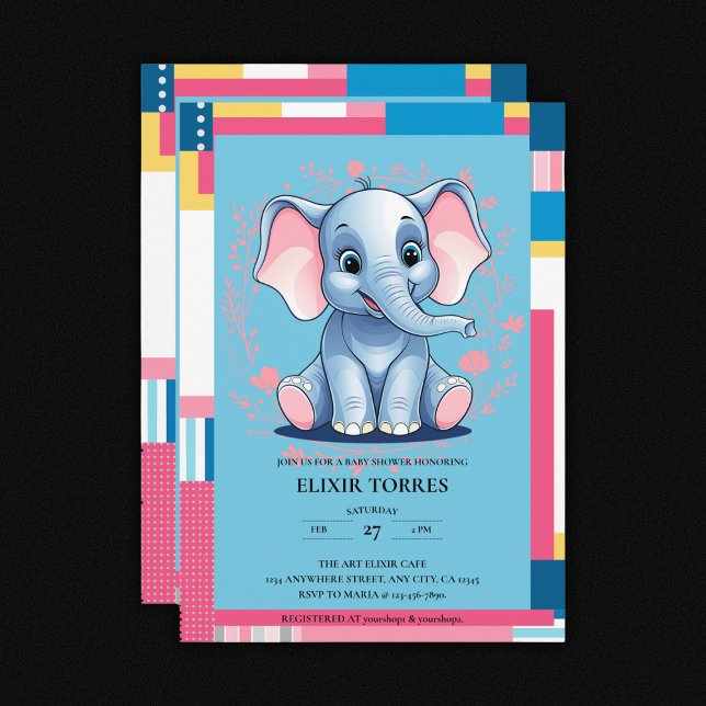 Colorful Jungle Blue Elephant Baby Shower Invitation (Creator Uploaded)