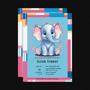 Colorful Jungle Blue Elephant Baby Shower Invitation