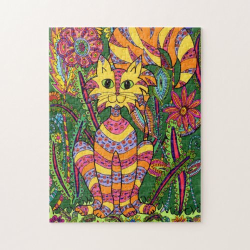 Colorful Jungle Cat Fun Garden Rainforest Flowers Jigsaw Puzzle