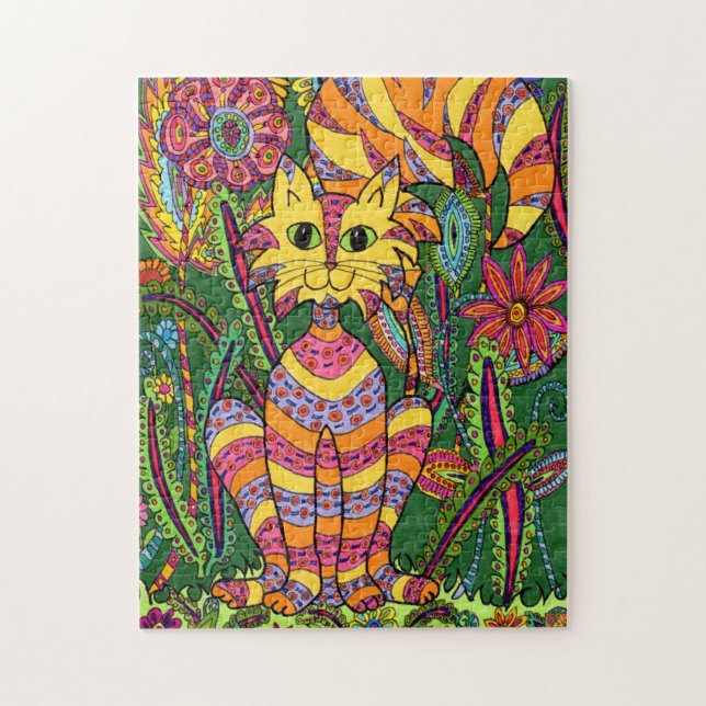 Colorful Jungle Cat Fun Garden Rainforest Flowers Jigsaw Puzzle (Vertical)