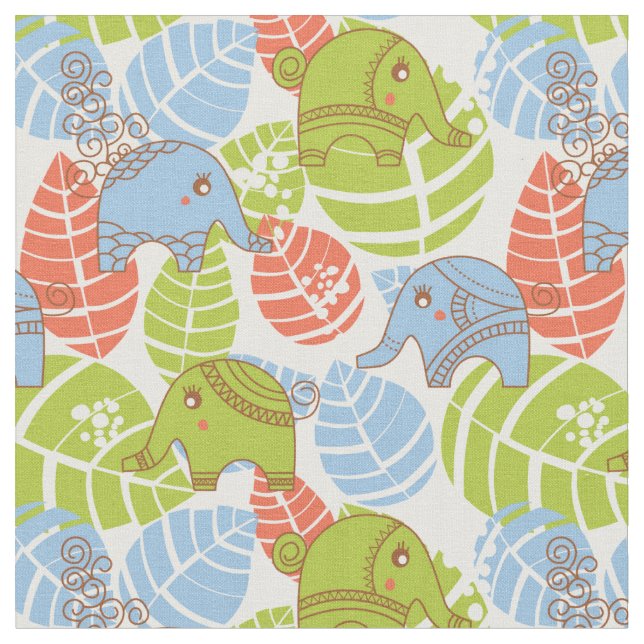 Colorful Jungle Elephants Fabric (Close Up)