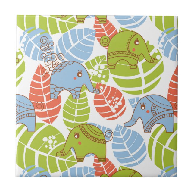 Colorful Jungle Elephants Tile (Front)