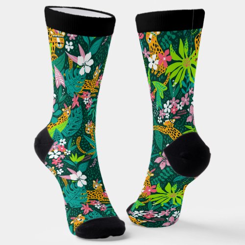 Colorful Jungle Flowers and Animals Pattern Socks