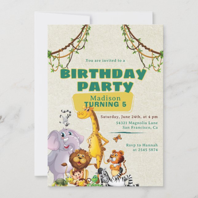 Colorful Jungle Themed Kids Birthday Invitation (Front)
