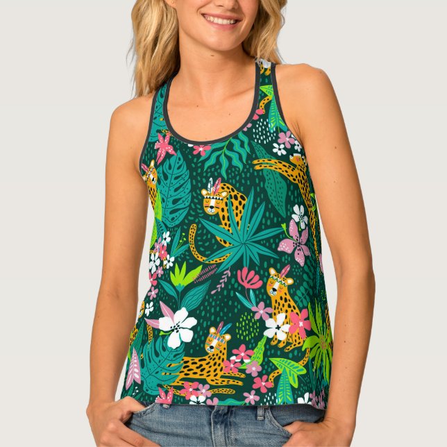 Colorful jungle with animals flowers and leaves tank top (Front)