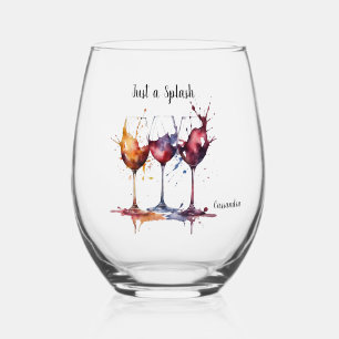 Colorful Just a Splash of Wine Watercolor Name Stemless Wine Glass