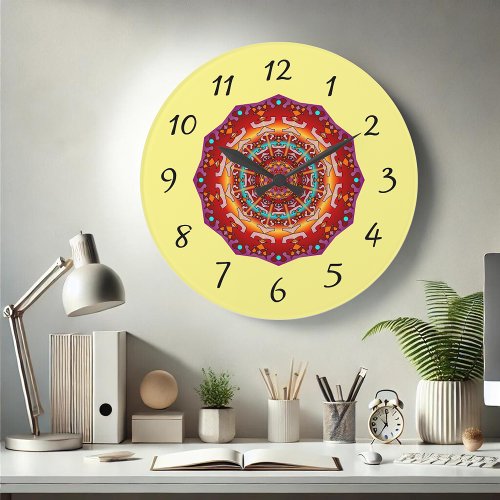 Colorful Kaleidoscope Clock in Reds on Yellow