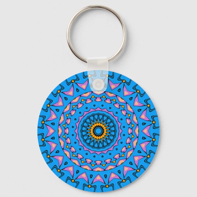 colorful kaleidoscope mandala in blue pink orange keychain (Front)