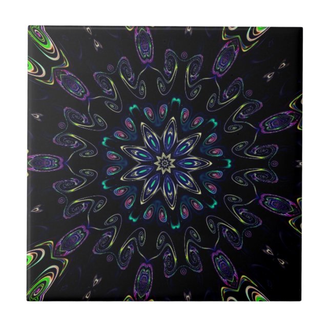 Colorful Kaleidoscope Pattern Black Kitty Voices Ceramic Tile (Front)