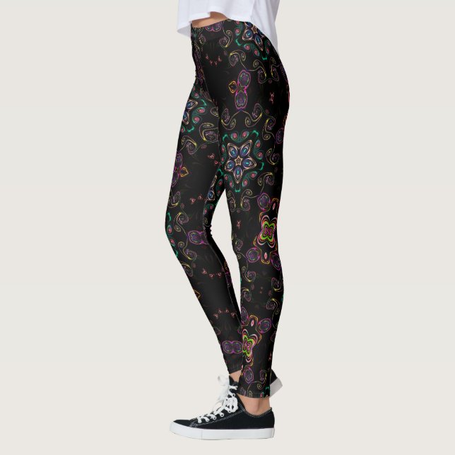 Colorful Kaleidoscope Pattern Black Kitty Voices Leggings (Left)