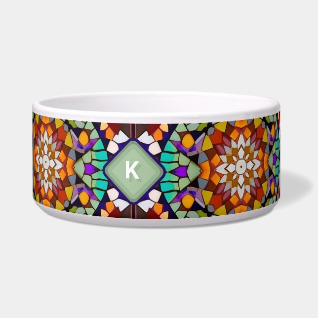 Colorful Kaleidoscope Tile 3D Illusion Pet Initial Bowl (Right)