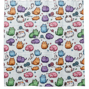 Colorful Kawaii Chubby Cats Pattern on Graph Paper Shower Curtain