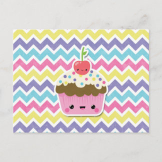 Colorful Kawaii Cupcake on Chevrons Postcard
