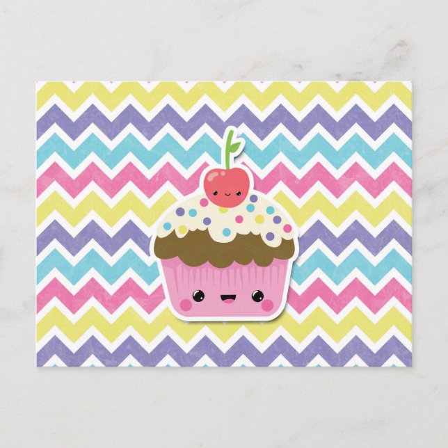 Colorful Kawaii Cupcake on Chevrons Postcard (Front)
