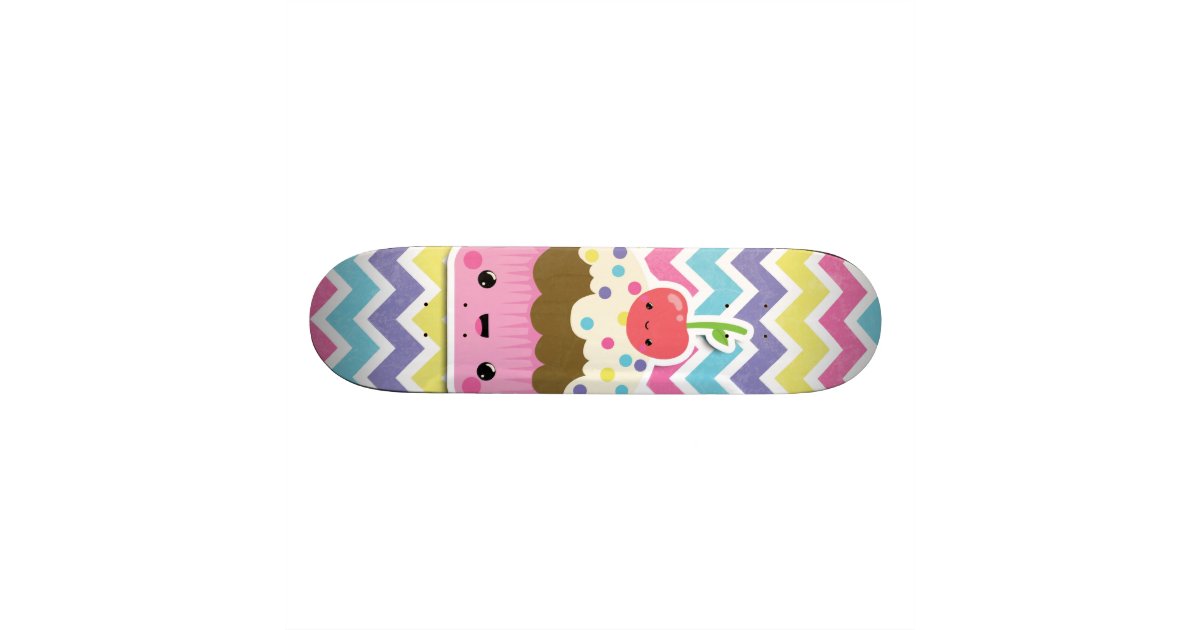 Colorful Kawaii Cupcake on Chevrons Skateboard Deck | Zazzle
