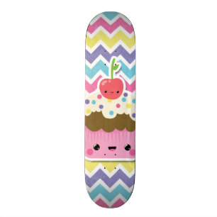 Colorful Kawaii Cupcake on Chevrons Skateboard Deck