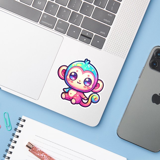 Colorful Kawaii Monkey with Sparkling Eyes Sticker (Laptop w/ iPhone)