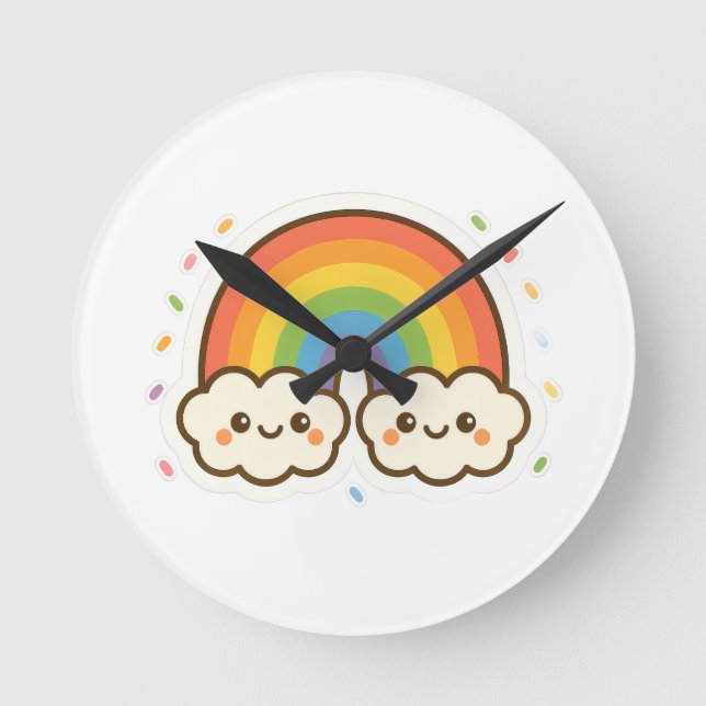 Colorful Kawaii Rainbow Pride Round Clock (Front)
