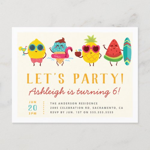 Colorful Kawaii Summer Kids Birthday Party Invitation Postcard