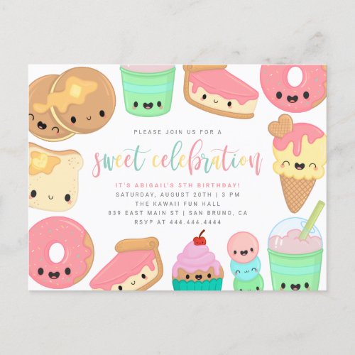 Colorful Kawaii Sweet Elements Kids Birthday Invitation Postcard