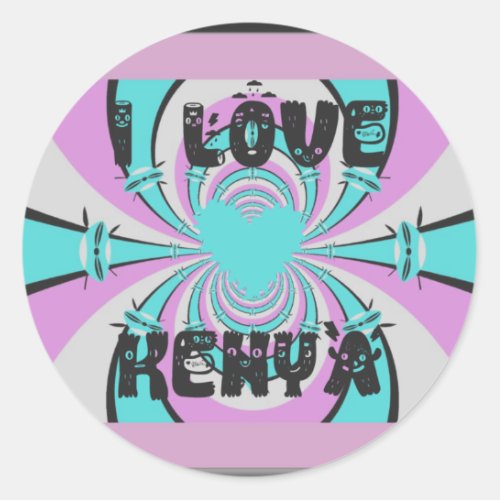 Colorful Kenya Love Purple Cyan White Funny Classic Round Sticker