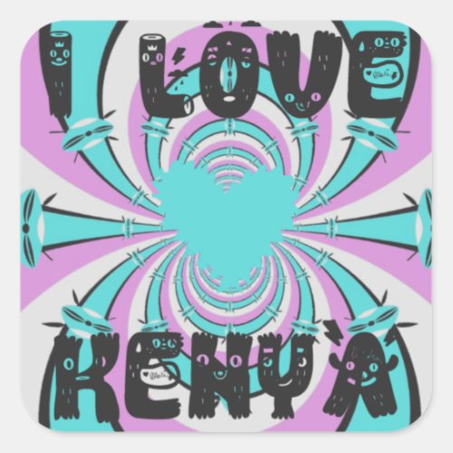 Colorful Kenya Love Purple Cyan White Funny Square Sticker