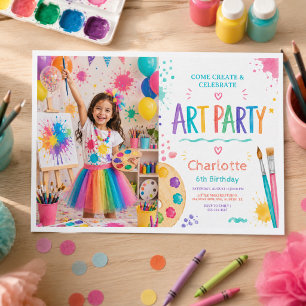 Colorful Kids Art Party  6th Birthday Painting  Invitation