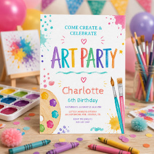 Colorful Kids Art Party 6th Birthday Painting Invitation