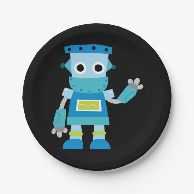 Colorful Kids Blue Robot Paper Plates (Front)