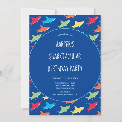 Colorful Kids Cartoon Shark Birthday Party Invitation