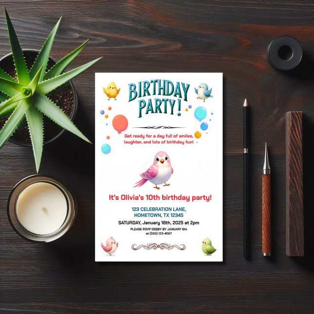 Colorful Kids Feathered Friends Birthday Party Invitation (Creator Uploaded)