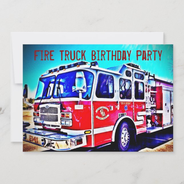 Colorful Kids Fire Truck Birthday Party Invitation (Front)